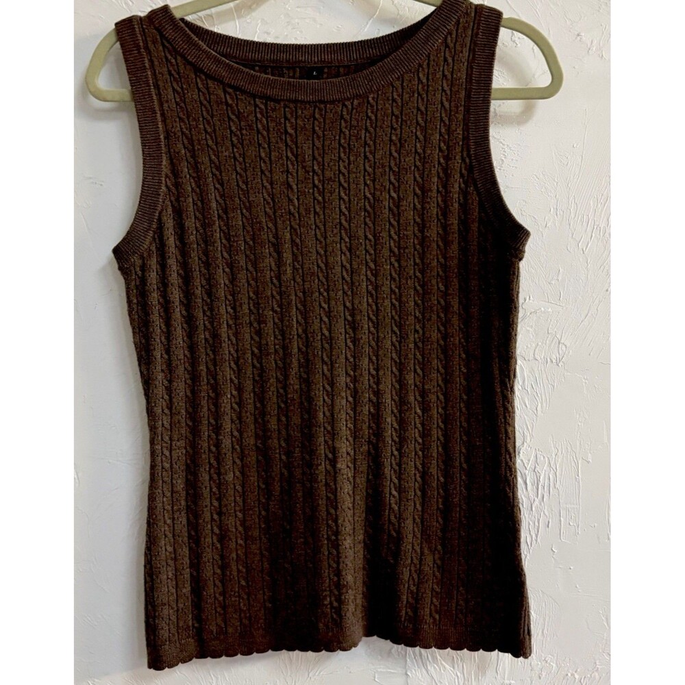 ARACH&CLOZ Womens L Brown Solid Cable Knit Sleeveless Round Neck Pullover